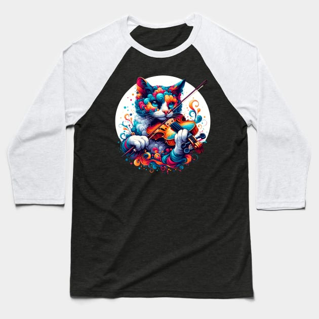 Devon Rex Cat Playing Violin Baseball T-Shirt by Graceful Designs